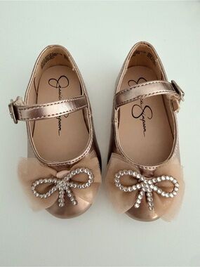 Jessica Simpson Rose Gold Mary Jane Shoes with Rhinestone Bow